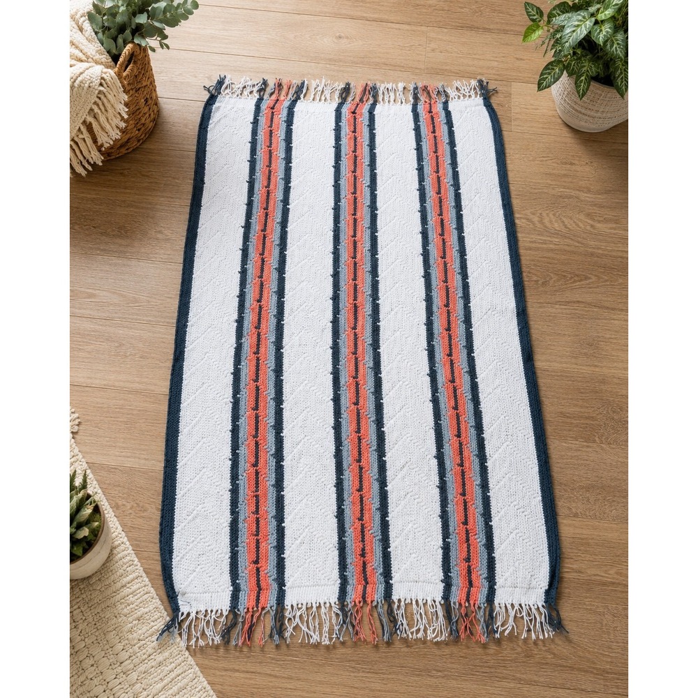 Vtg Handwoven Striped Rag Rug Coral Navy Fringe Cottagecore Farmhouse 65 x 37